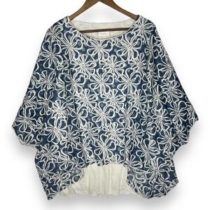 Vine Street Floral Tunic‎ Blouse Made USA Lined Poncho Oversized Blue White L